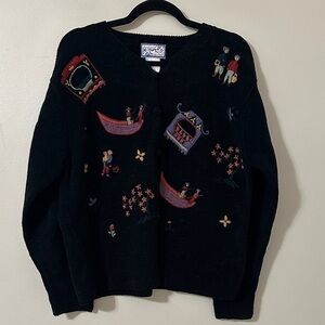 April Cornell Womens Asian Embroidered Chenille Cardigan Sweater Black Sz Medium